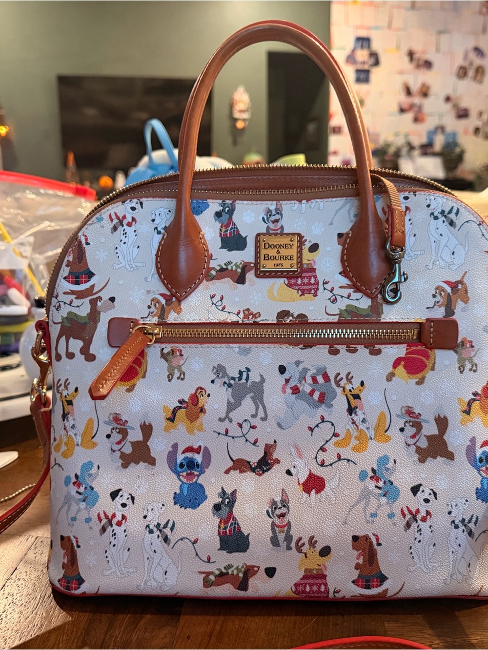 Dooney & Bourke White Holiday Dogs Dome Satchel with Leather Trim